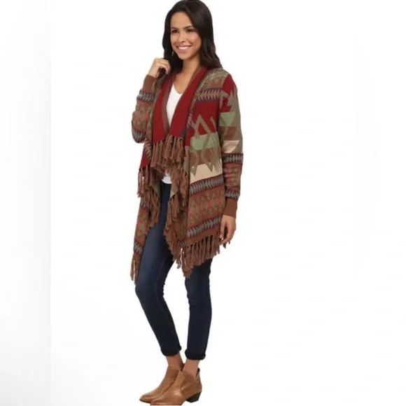 Tasha Polizzi Southwestern Drape Fringe cardigan sweater Sz M Brown Red Open - Picture 2 of 12